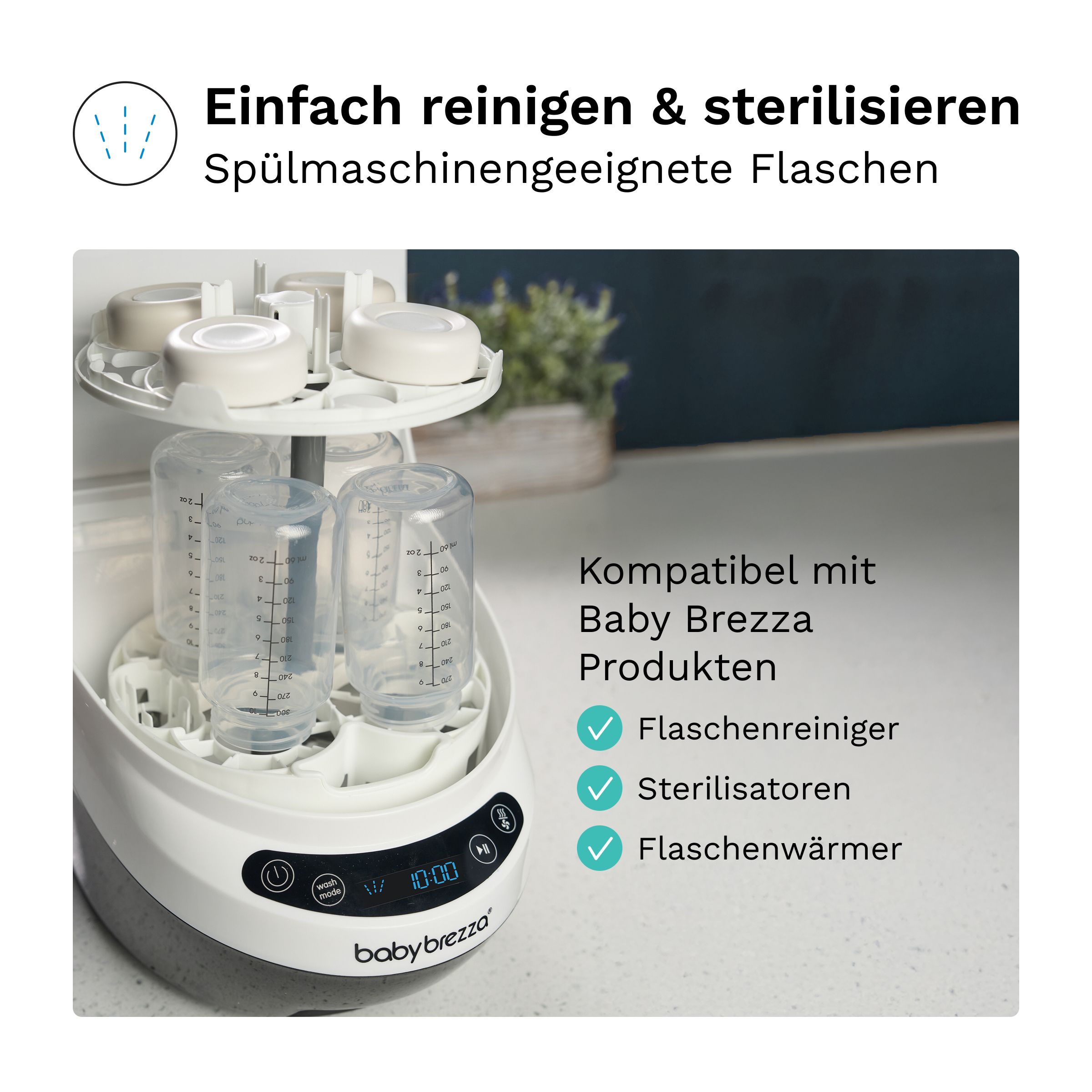 Baby Brezza Flaschenreiniger, Sterilisator und Flaschenwärmer mit Babyflaschen im Inneren.