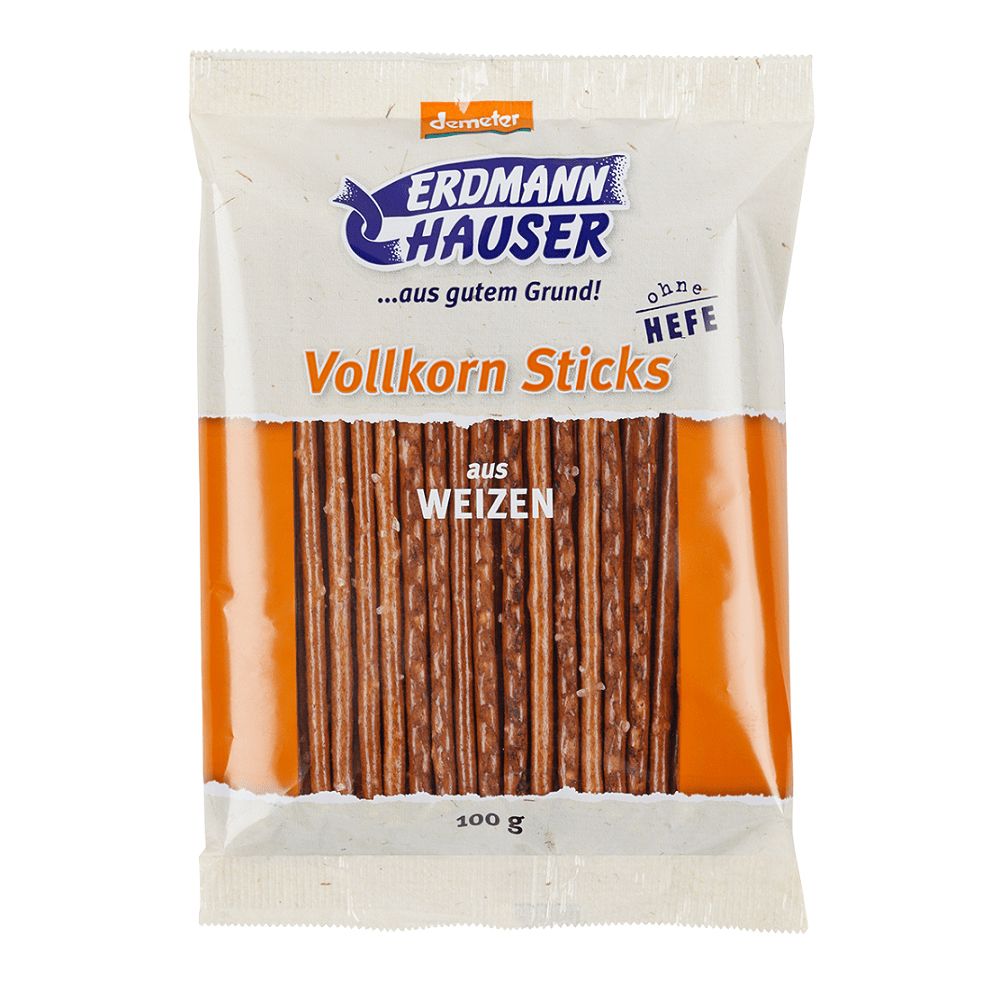 Verpackung mit Vollkorn Sticks aus Weizen. Marke Erdmann Hauser, Demeter-Siegel. Aufschrift: ohne Hefe, 100g.