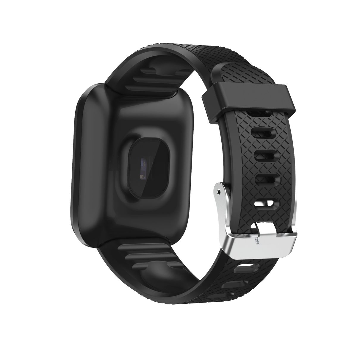 Rückseite einer schwarzen Smartwatch. Schwarzes Armband mit silberner Schnalle. Sensor auf der Rückseite.