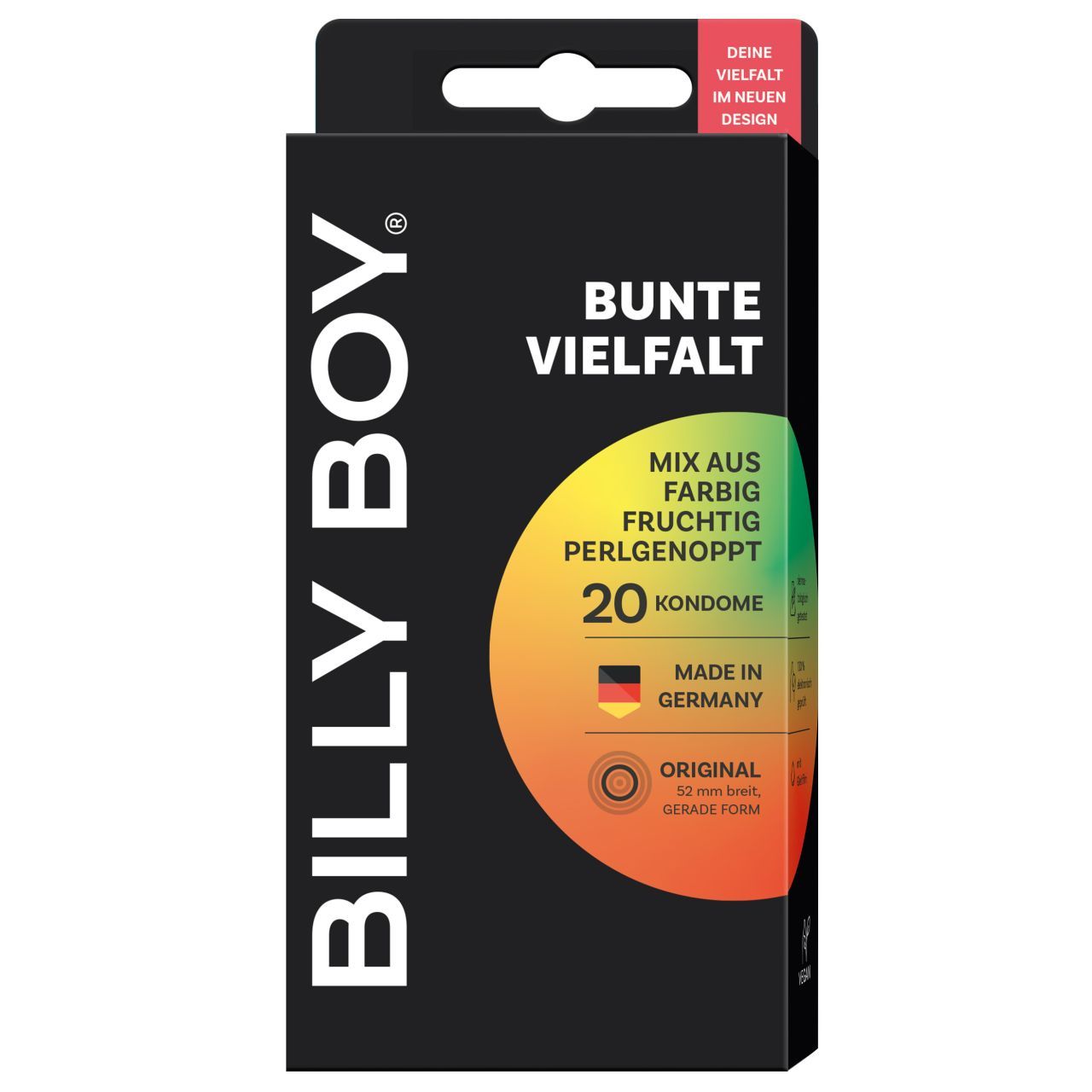 Packung BILLY BOY Kondome Bunte Vielfalt, 20 Stück, Made in Germany.