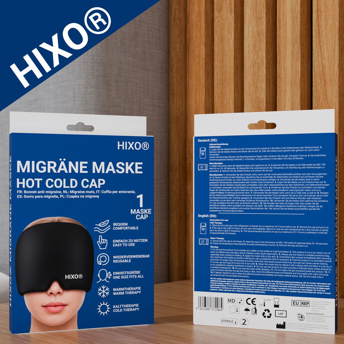 HIXO Migräne Maske Hot Cold Cap Verpackung und einzelnes schwarzes Masken-Cover.