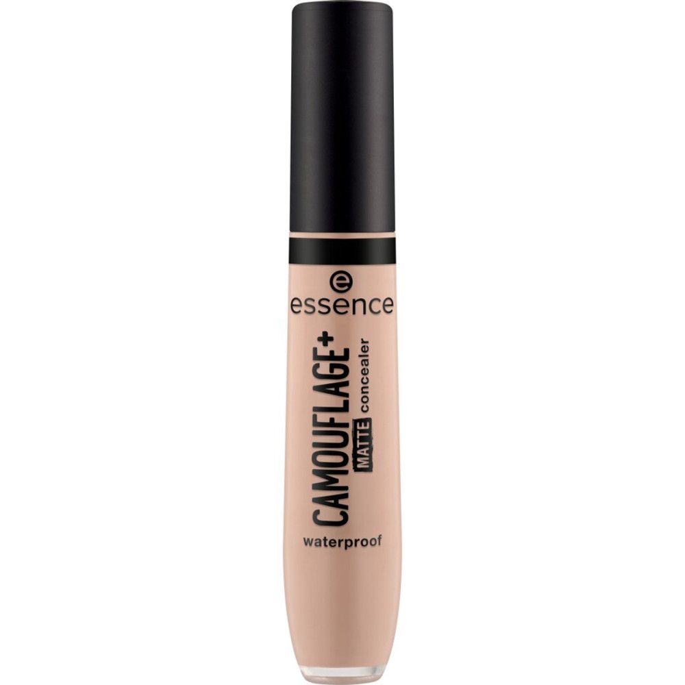 Essence Camouflage Matt Concealer. Beige Tube mit schwarzem Deckel. Schriftzug: CAMOUFLAGE+ MATTE concealer waterproof.