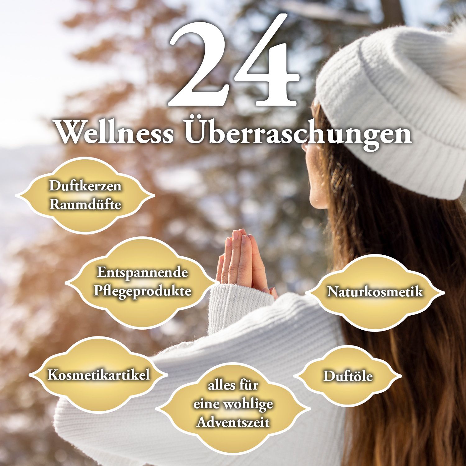 Frau mit verschränkten Händen, umgeben von Text-Labels. Labels mit Text: Duftkerzen, Pflegeprodukte, Naturkosmetik, Kosmetikartikel, Duftöle, Adventszeit.