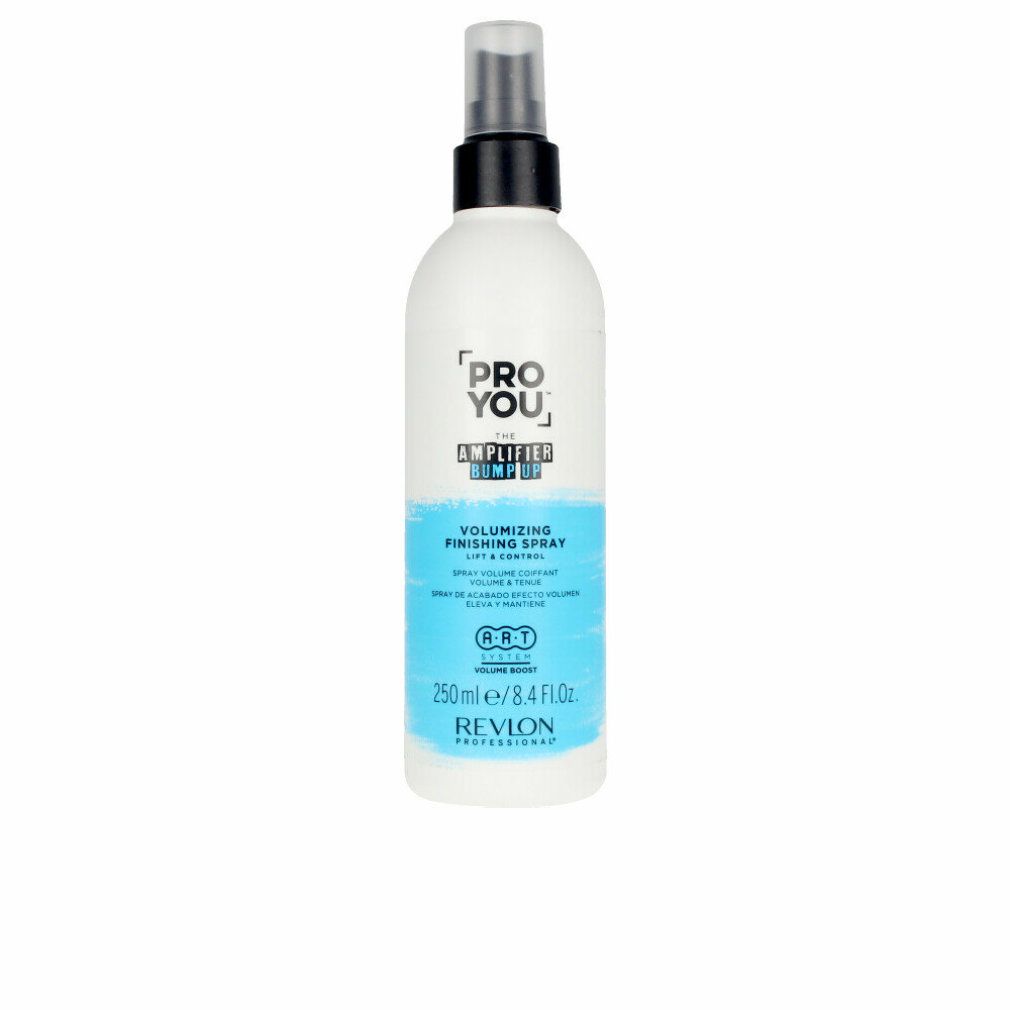 Haarspray-Flasche. Weiß, mit blauem Etikett. Enthält Text: PRO YOU, THE AMPLIFIER BUMP UP, VOLUMIZING FINISHING SPRAY, REVLON PROFESSIONAL.