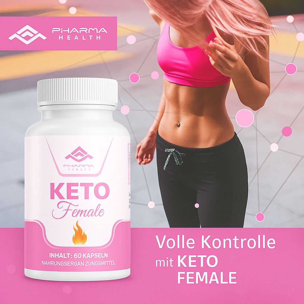 Weiße Flasche mit rosa Etikett. Aufschrift: KETO Female, Pharma Health Logo, 60 Kapseln. Flammen-Symbol. Frau im Hintergrund.
