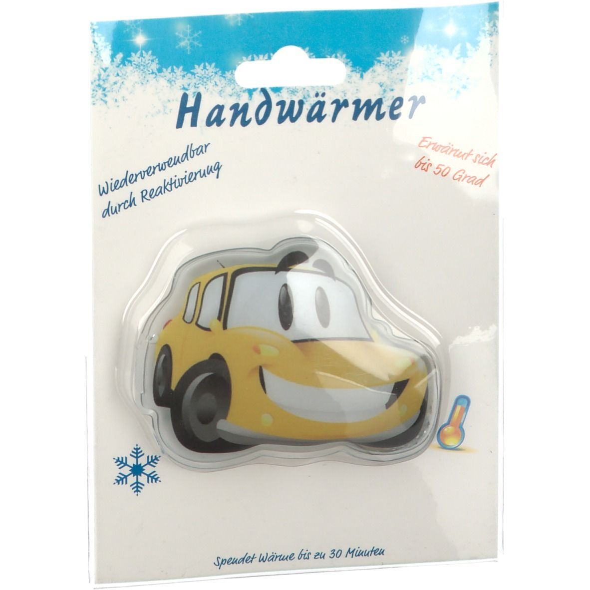 Gelber Handwärmer in Autoform in Blisterverpackung. Text: Handwärmer, Wiederverwendbar, Erwärmt sich bis 50 Grad.