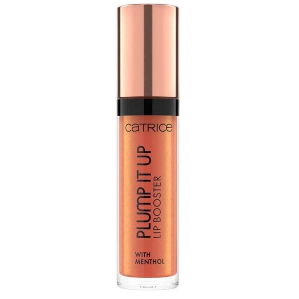 Catrice Plump It Up Lip Booster in orangefarbener Verpackung mit Roségold-Applikator. Enthält Menthol.
