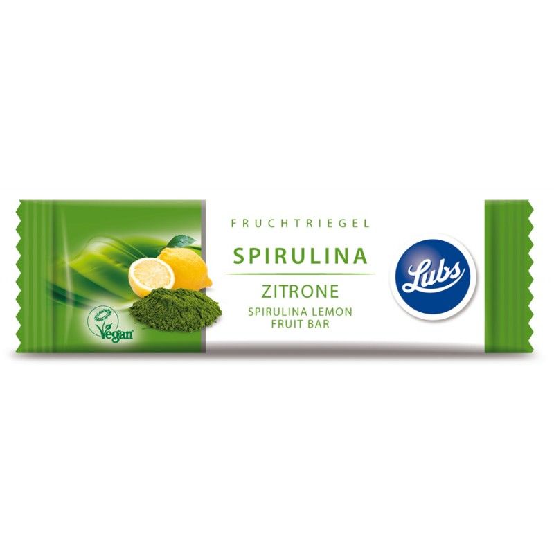 Verpackung eines Fruchtriegels mit Spirulina und Zitrone. Logo Lubs, veganes Siegel. Text: Spirulina Zitrone Fruit Bar.