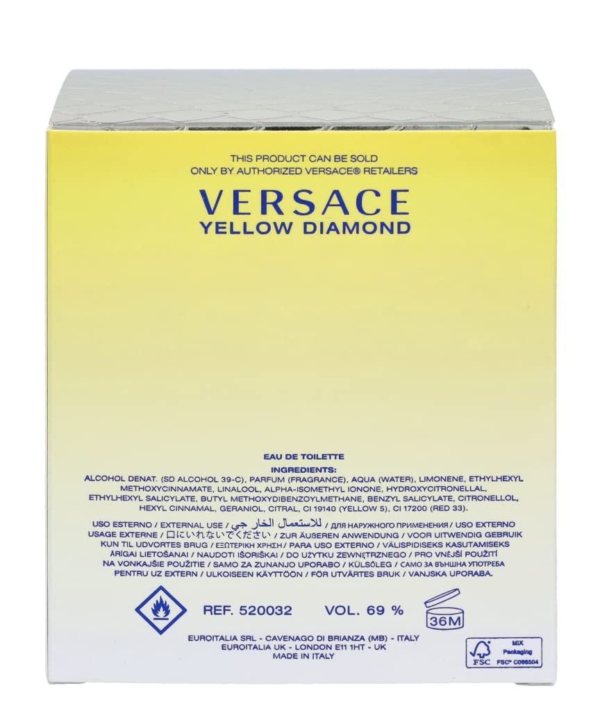 Rückseite der Verpackung von Versace Yellow Diamond. Text und Logos auf gelbem Hintergrund.