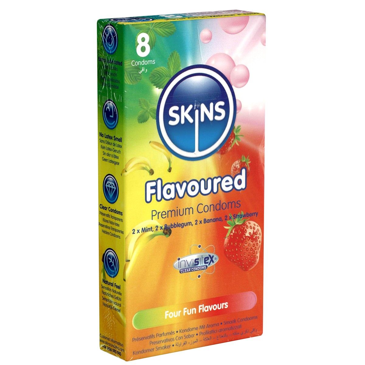 Verpackung mit Kondomen. Marke SKINS, mit der Aufschrift "Flavoured". Enthält 8 Kondome in verschiedenen Geschmacksrichtungen.