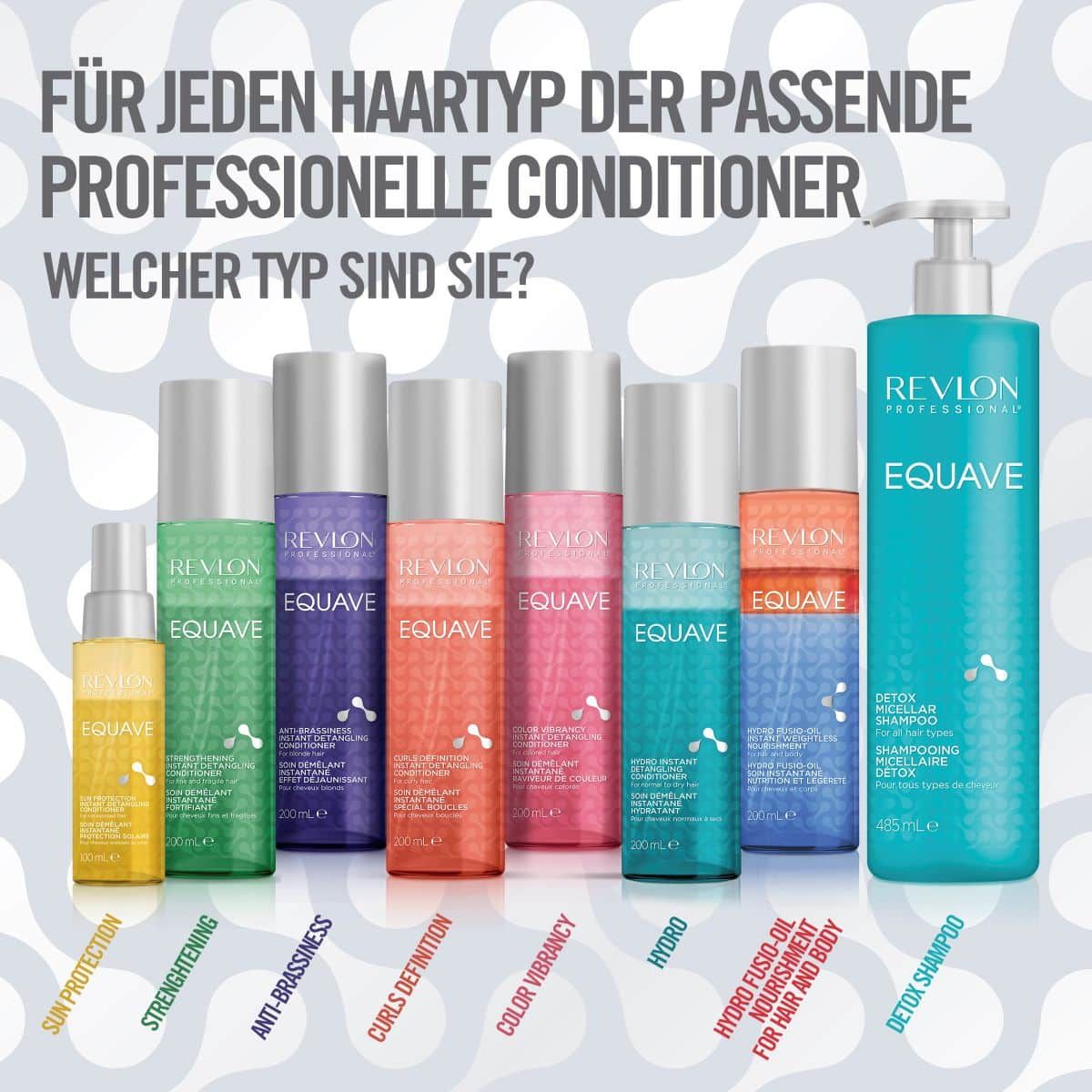 Verschiedene Revlon Equave Conditioner. Text: Für jeden Haartyp der passende professionelle Conditioner. Welcher Typ sind Sie?