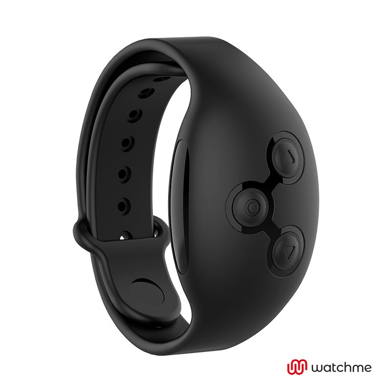 Schwarzes Armband mit drei Knöpfen. Das Armband hat ein ovales Design und das Logo "watchme".