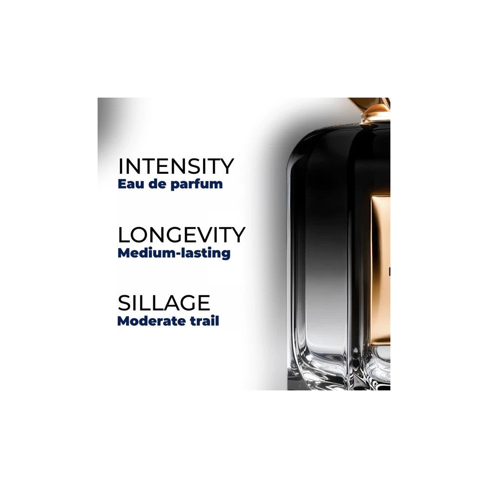 Elegante schwarze Glasflasche mit goldenen Akzenten. Text: Intensität, Langlebigkeit, Sillage.