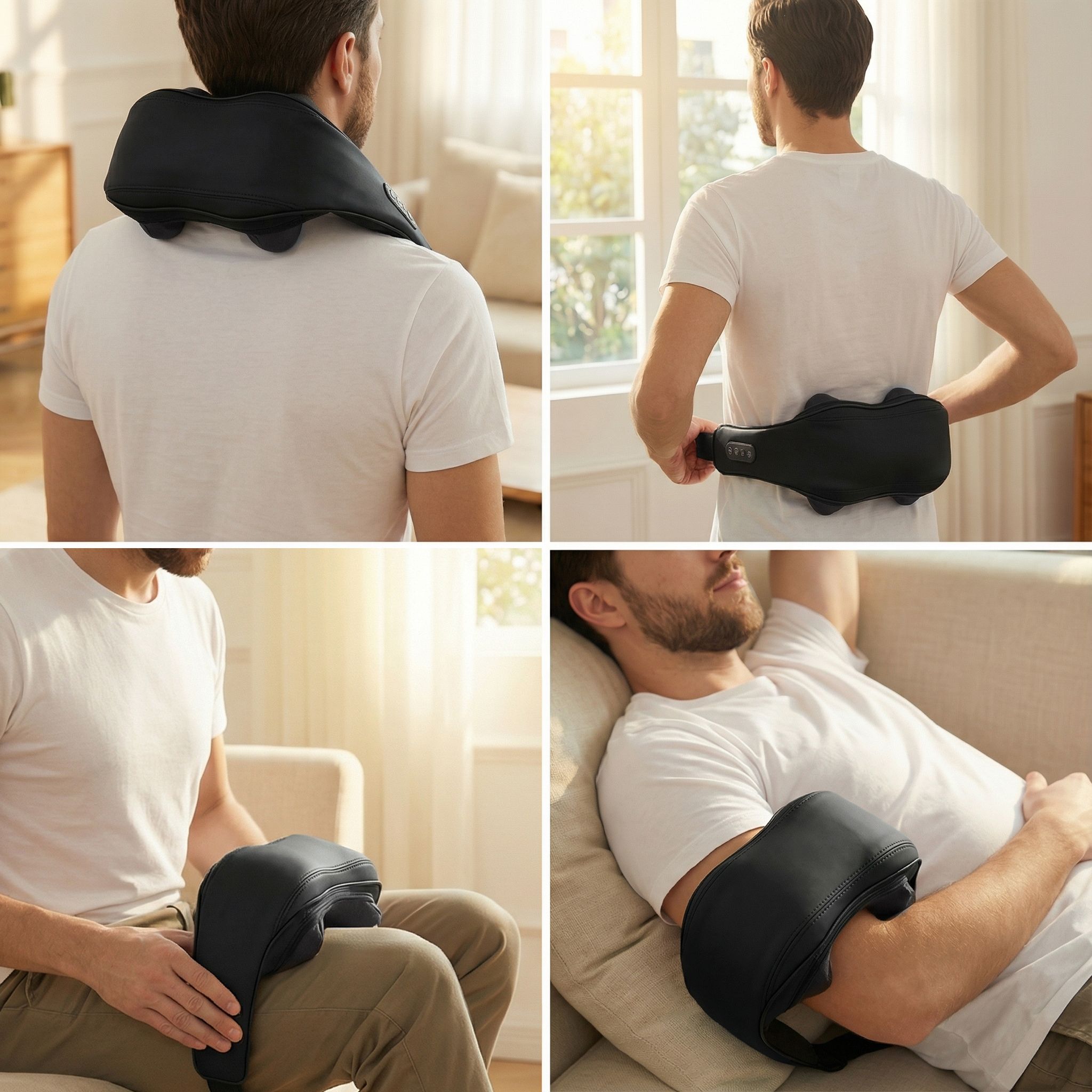 Vier Bilder: Mann mit Nackenmassagegerät an Nacken, Rücken, Arm und Bein.