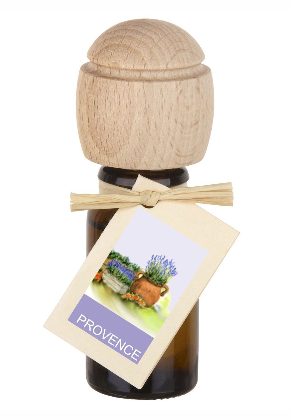 Braune Glasflasche mit Holzverschluss und Anhänger. Anhänger mit Aufdruck "Provence".