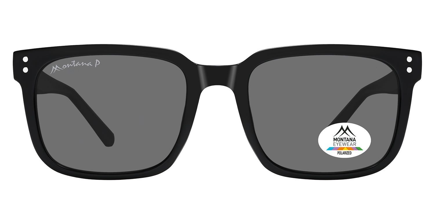 Schwarze Sonnenbrille mit rechteckigen Gläsern. Montana Eyewear Logo auf dem Glas. Polarisierte Gläser.