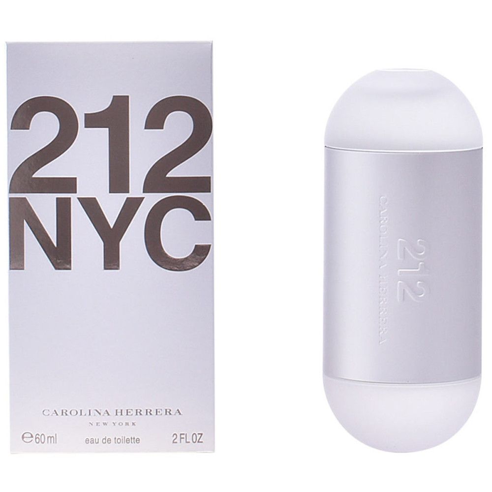 Rechteckige Verpackung und zylindrischer Flakon. Auf der Verpackung steht "212 NYC". Der Flakon hat eine silberne Mitte und weiße Enden.