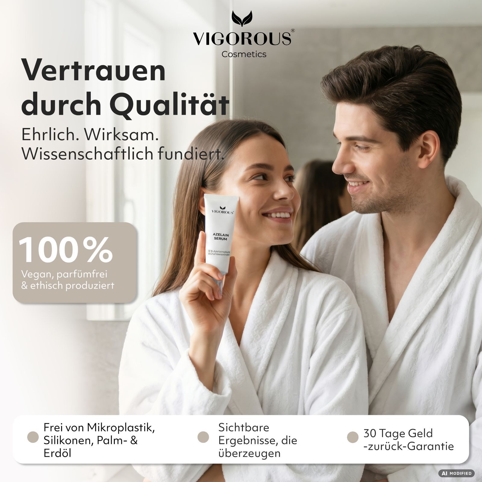 Paar hält VIGOROUS Azelain Serum Tube, 100% vegan, parfümfrei, ethisch produziert.