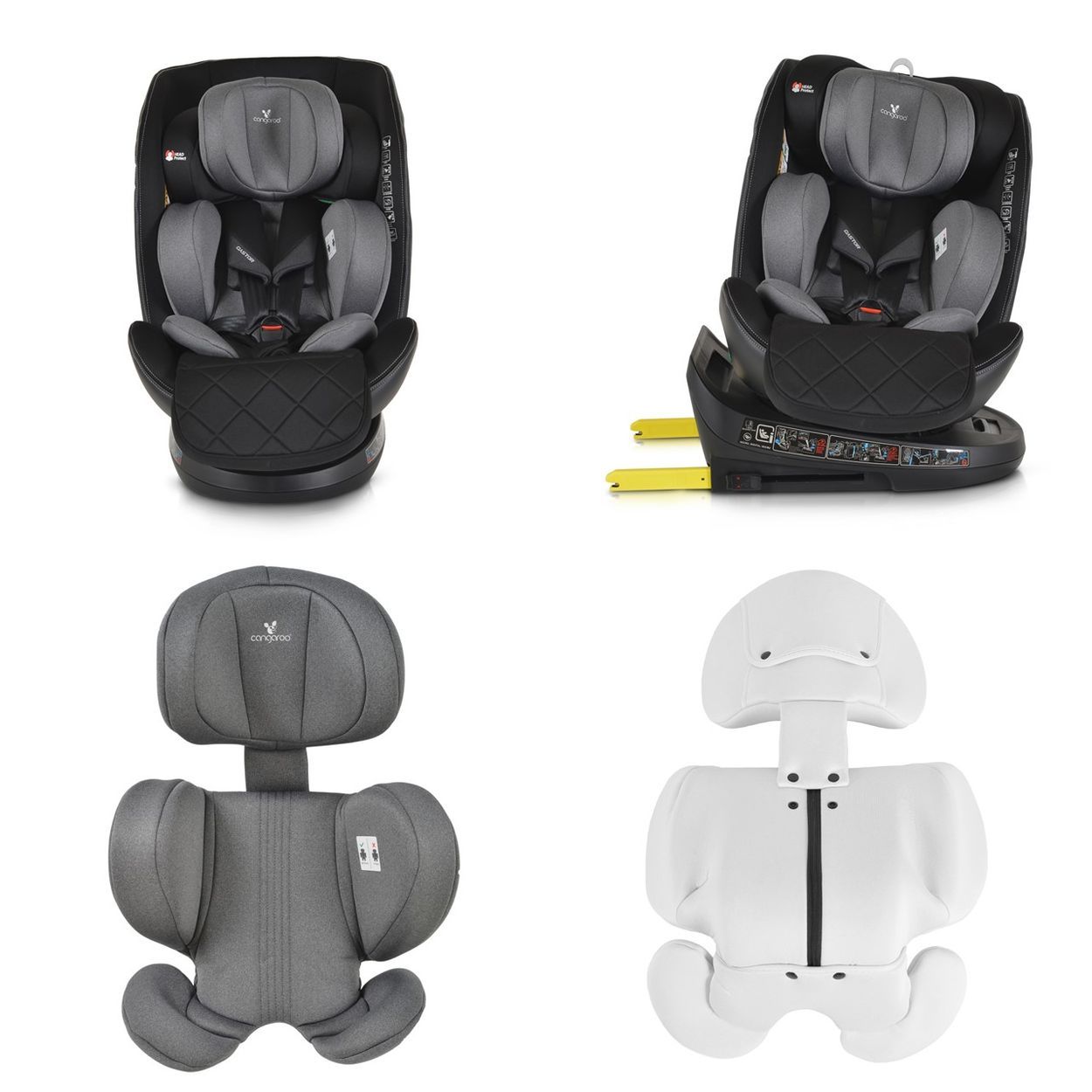 Vier Ansichten eines grauen Kindersitzes, inklusive Vorder-, Seiten- und Rückansicht sowie ISOFIX-Halterung.