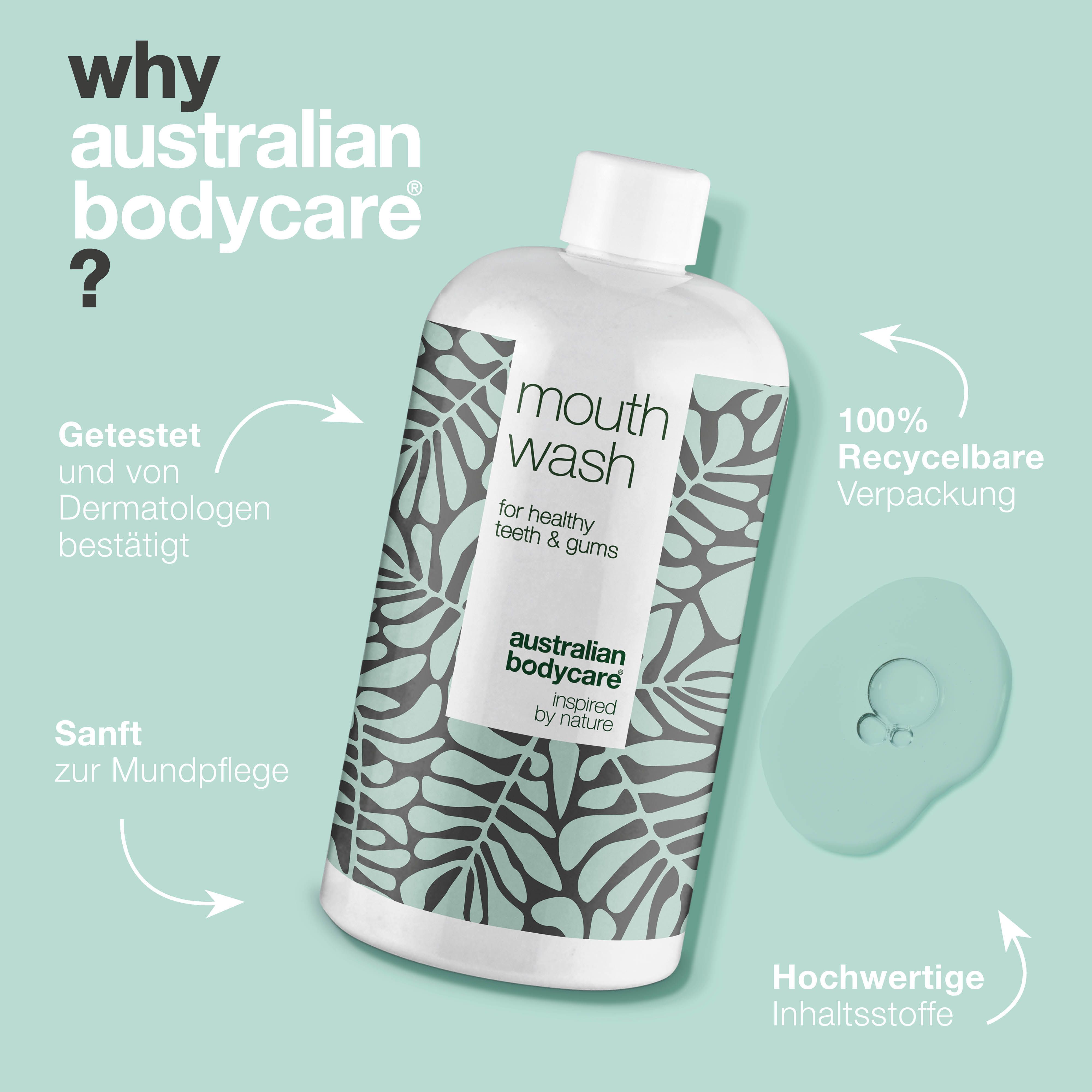 Bild mit Text und Flasche Mundspülung. Aufschrift: Warum Australian Bodycare? Mouth Wash, für gesunde Zähne & Zahnfleisch.