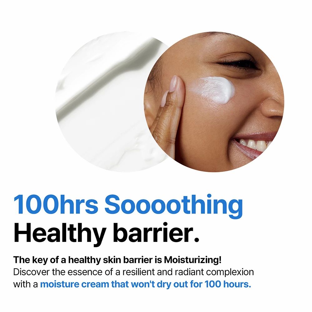 Person trägt Creme auf die Wange auf. Text: 100hrs Soooothing Healthy barrier. Feuchtigkeitscreme.