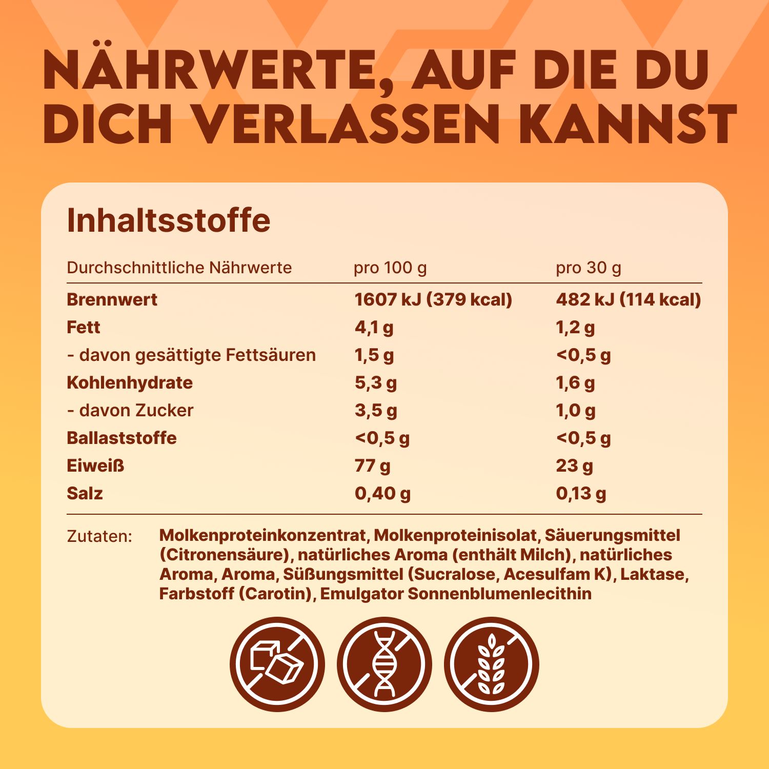 Nährwerttabelle. Brennwert pro 100g und 30g. Enthält Fett, Kohlenhydrate, Eiweiß und Salz. Zutatenliste.