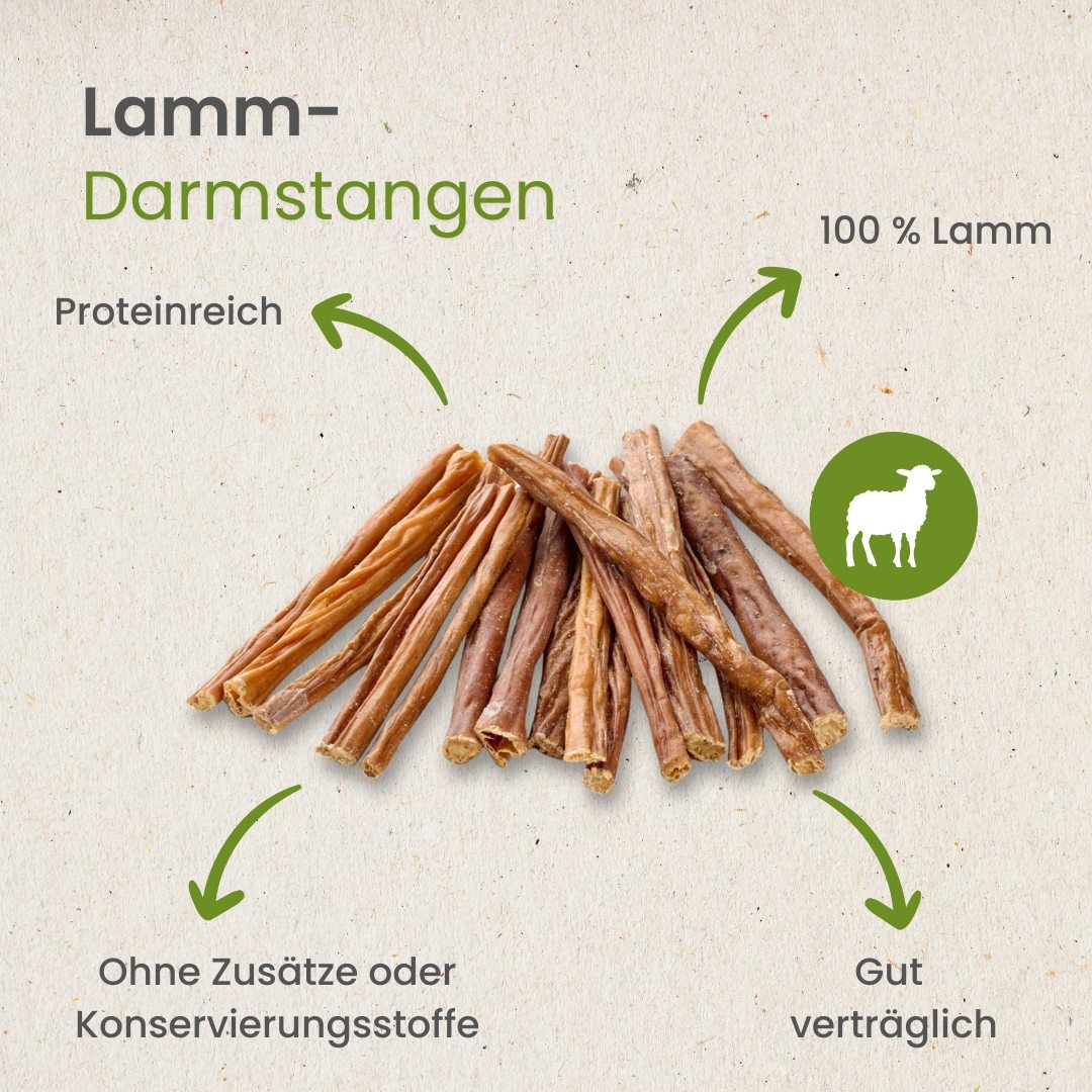 Ein Hundewelpe kaut auf einer Lamm-Darmstange, daneben ein Haufen.