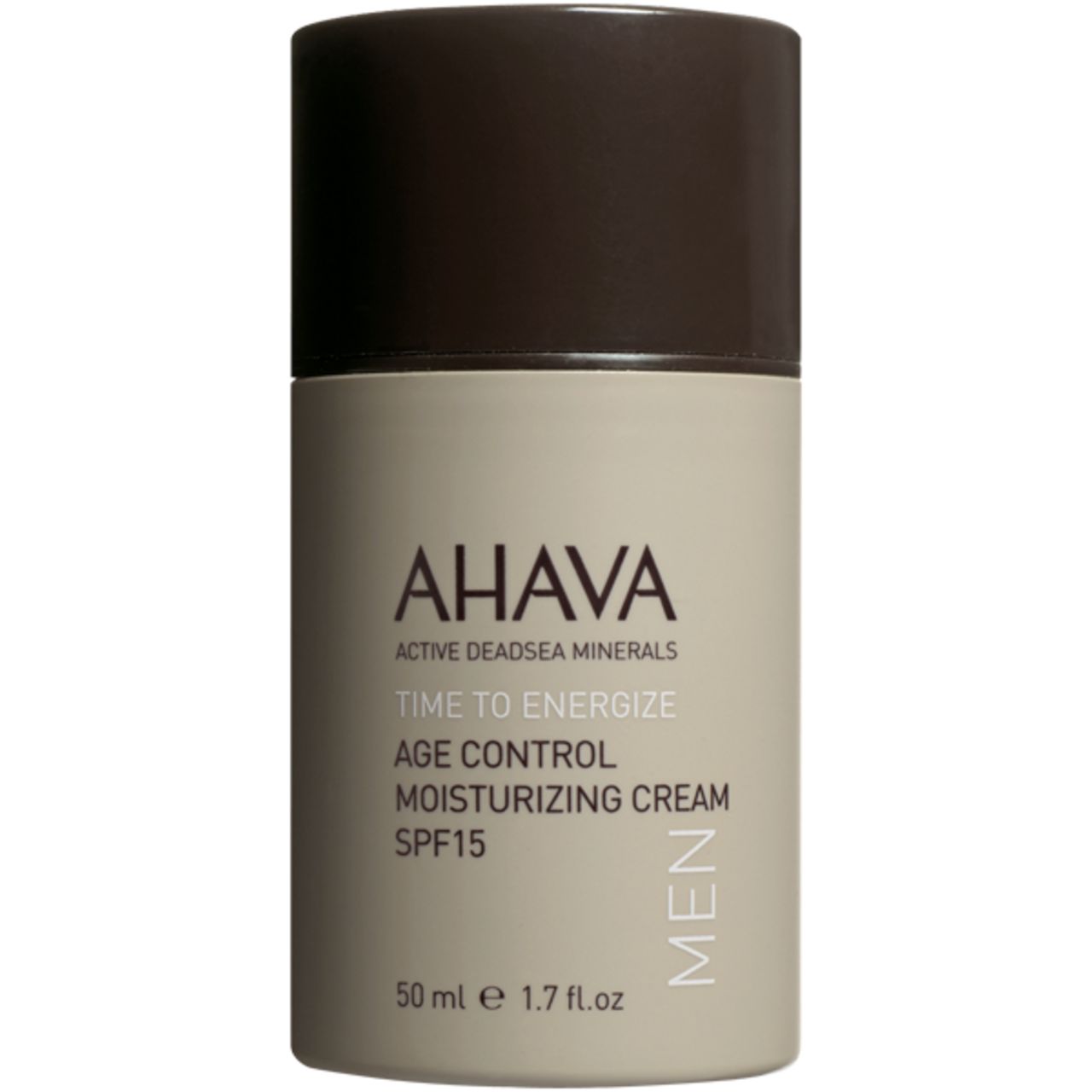 Creme-Flakon mit schwarzem Deckel. Aufschrift: AHAVA, TIME TO ENERGIZE, AGE CONTROL, MOISTURIZING CREAM, SPF15, MEN. Beige.