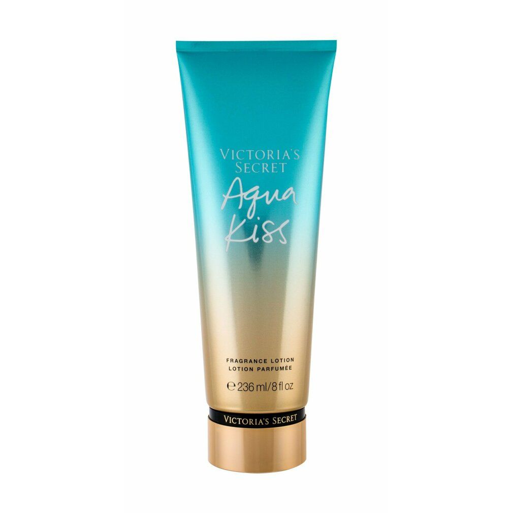 Lotion-Tube mit blau-goldener Farbverlauf. Aufschrift: Victoria's Secret Aqua Kiss, Fragrance Lotion. Volumen: 236ml/8 fl oz.