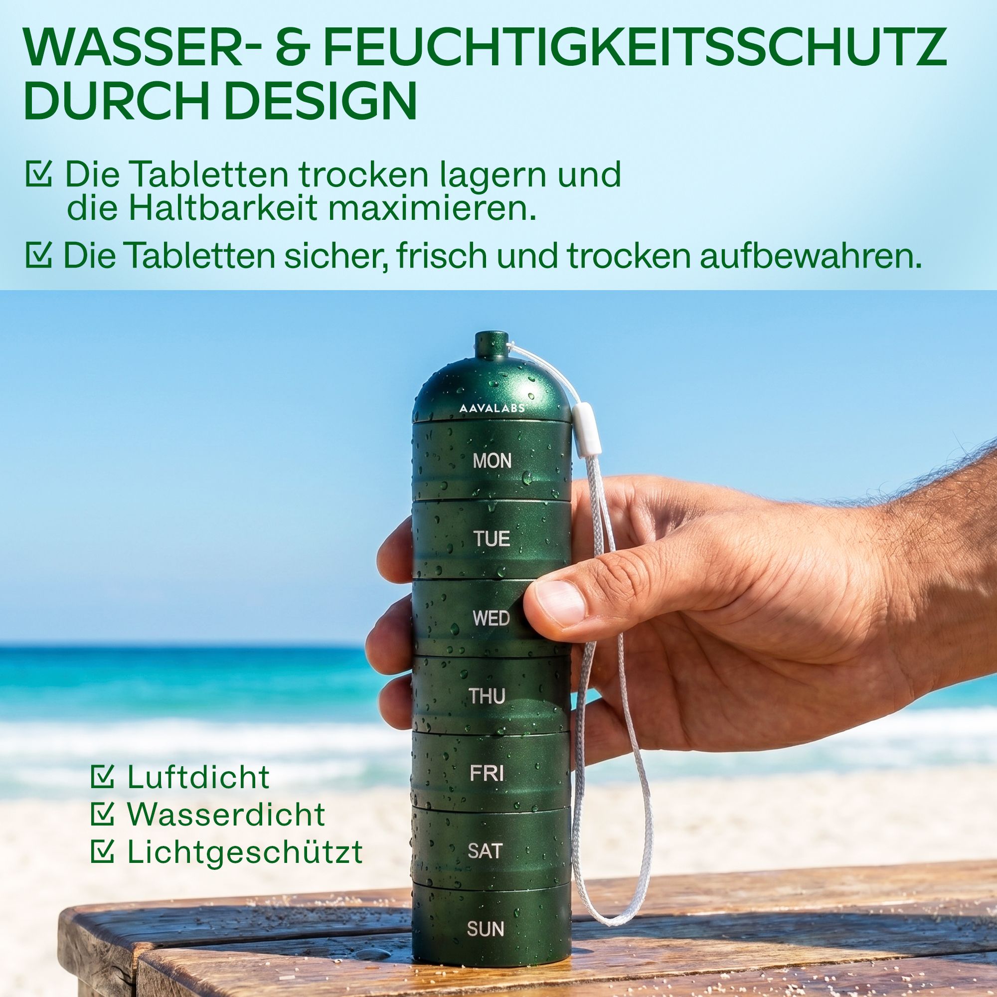 Grüne Pillendose mit 7 Fächern und deutscher Anleitung zur einfachen Reinigung.