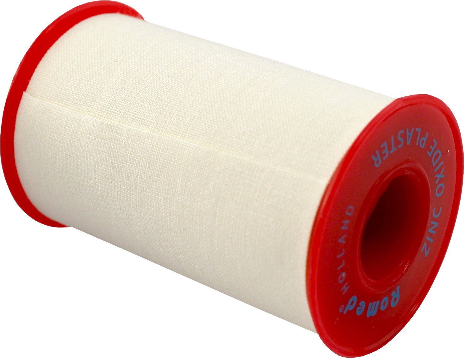 Rolle Zinkoxid Heftpflaster mit rotem Rand. Aufschrift: Romed, HOLLAND, ZINC OXIDE PLASTER.