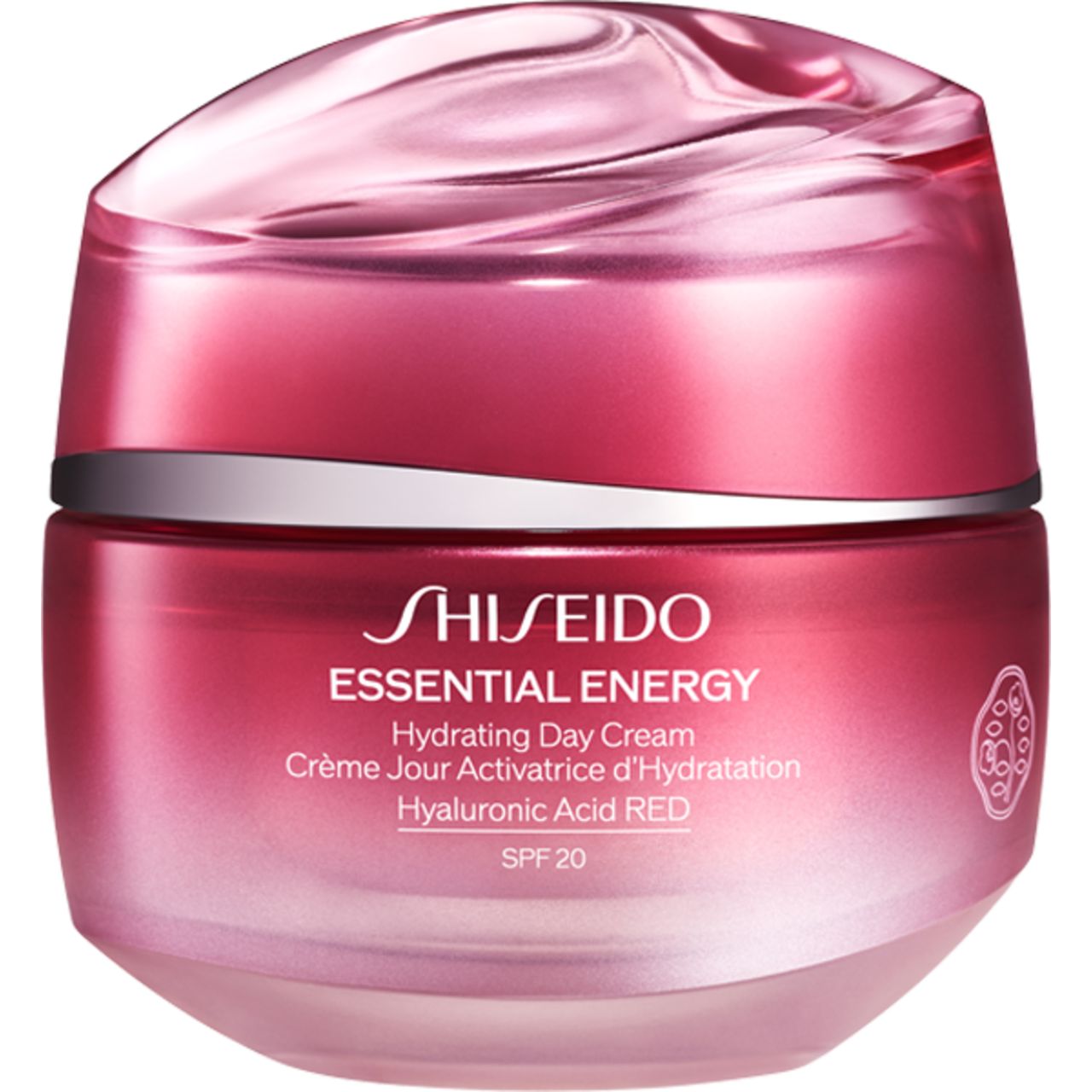 Roter Tiegel mit Shiseido-Titel, Essential Energy, Hydrating Day Cream, SPF 20. Rosa Deckel, silberner Ring, rosa Boden. Text auf dem Tiegel.