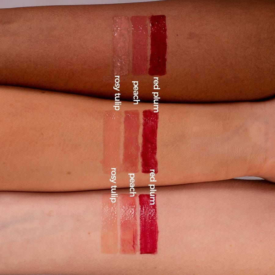 Drei Arme mit Lipgloss-Farben: Rosy Tulip, Peach, Red Plum. Aufschrift: rosy tulip, peach, red plum.
