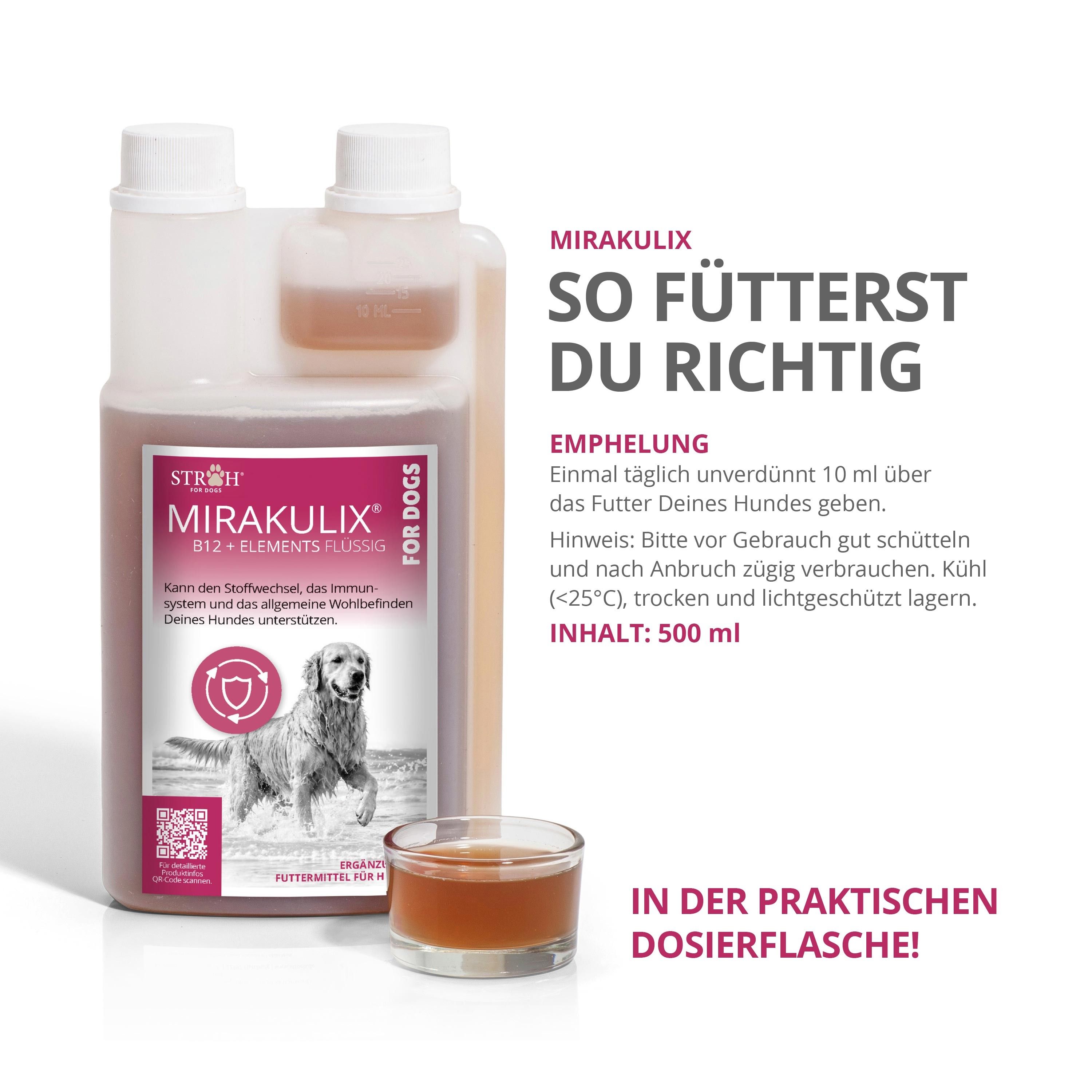 STRÖH MIRAKULIX B12 + ELEMENTS FLÜSSIG für Hunde. Anleitung zur Fütterung in einer Dosierflasche. Zeigt 500 ml Inhalt und die praktische Handhabung.