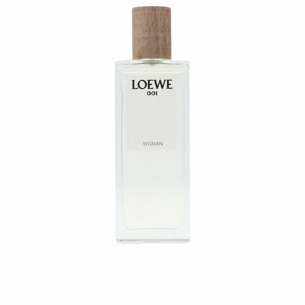 Loewe 001 Woman Edp Spray. Rechteckiger Glasflakon mit Holzverschluss. Weißes Etikett mit Logo und Schriftzug.