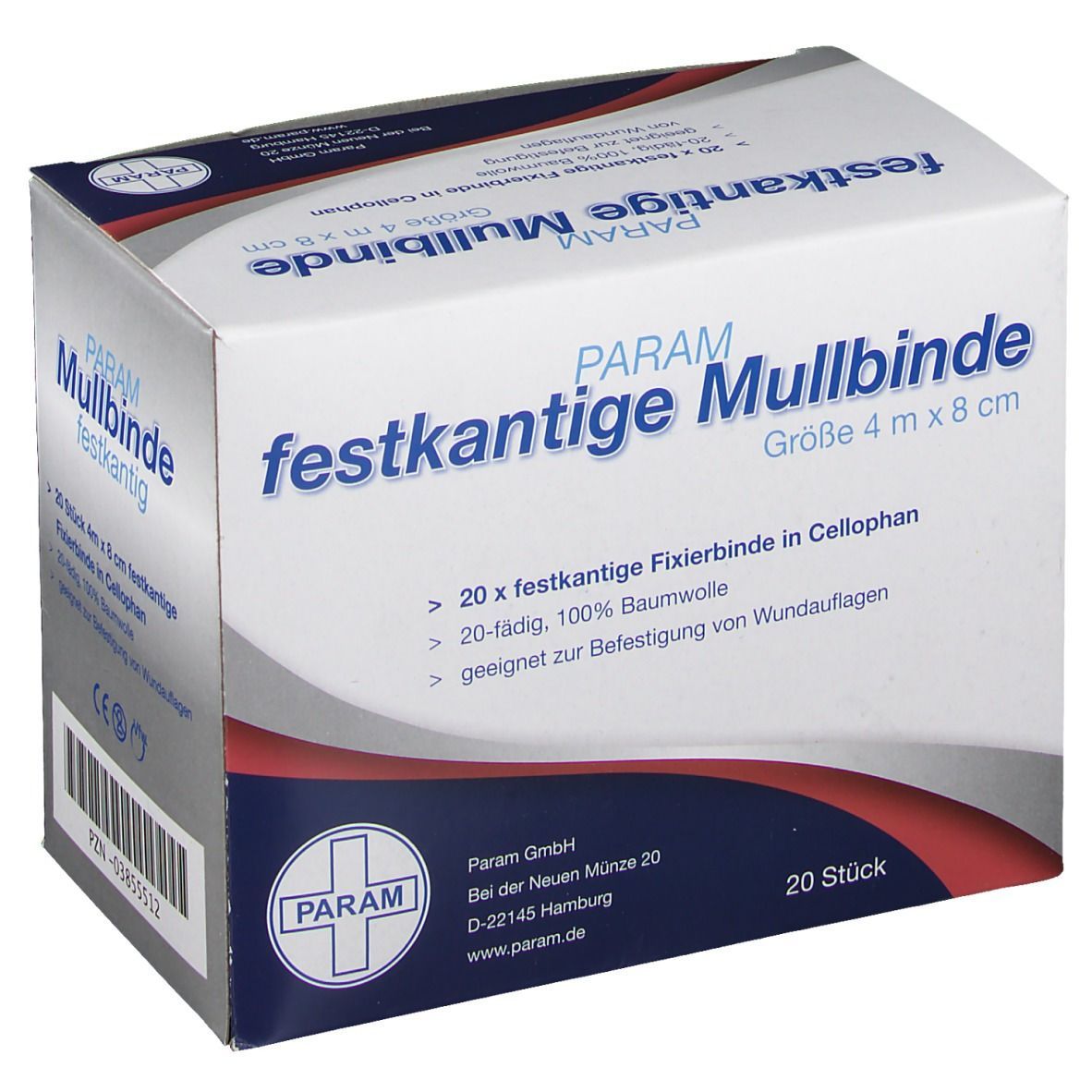 PARAM Mullbinde, festkantige Fixierbinde in Cellophan. Größe 4 m x 8 cm. Verpackung mit Produktinformationen und Logo. 20 Stück.