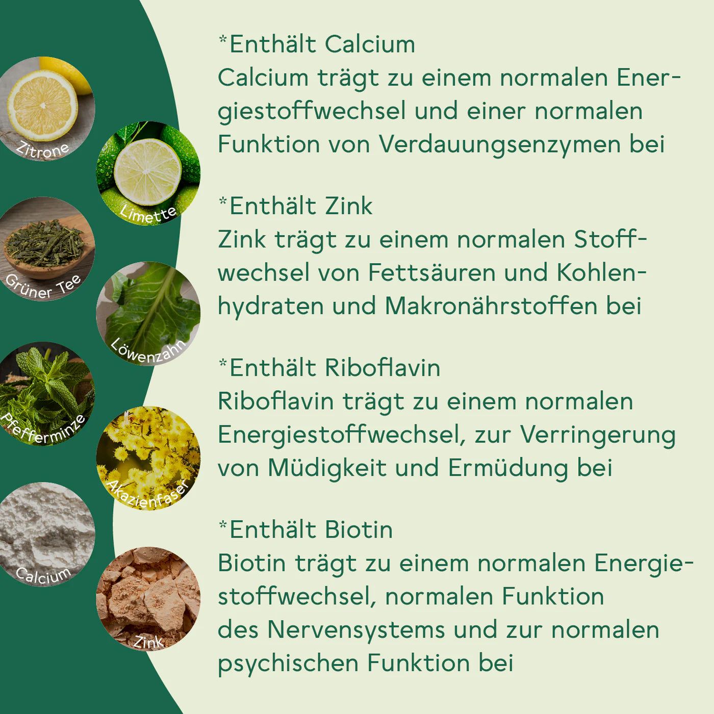 Zitrone, Limette, Grüntee, Löwenzahn, Pfefferminze, Kamille, Calcium. Text: Enthält Calcium, Zink, Riboflavin, Biotin. Gesundheitsbezogene Aussagen.