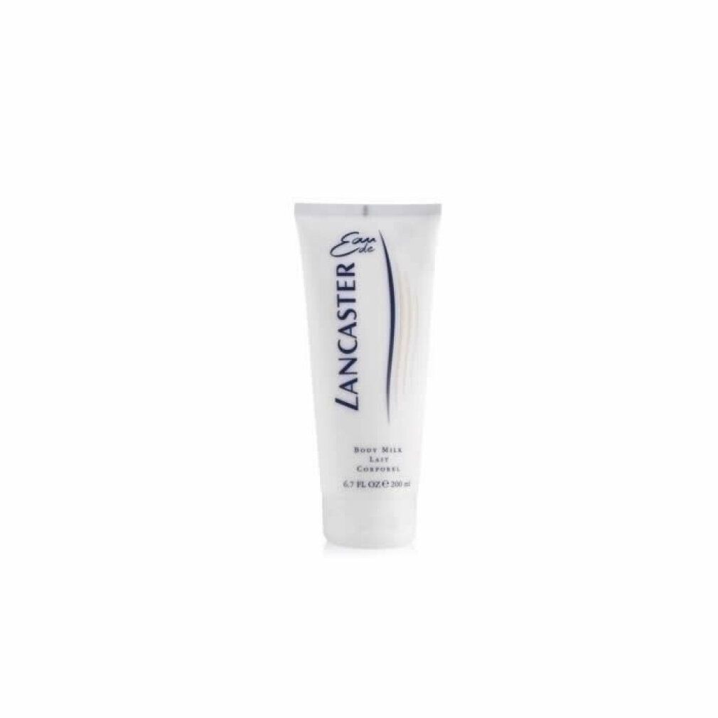 Weiße Tube mit blauer Aufschrift "Lancaster Eau de Lancaster Body Milk". Text in Englisch und Französisch. 6.7 FL OZ e 200 ml.