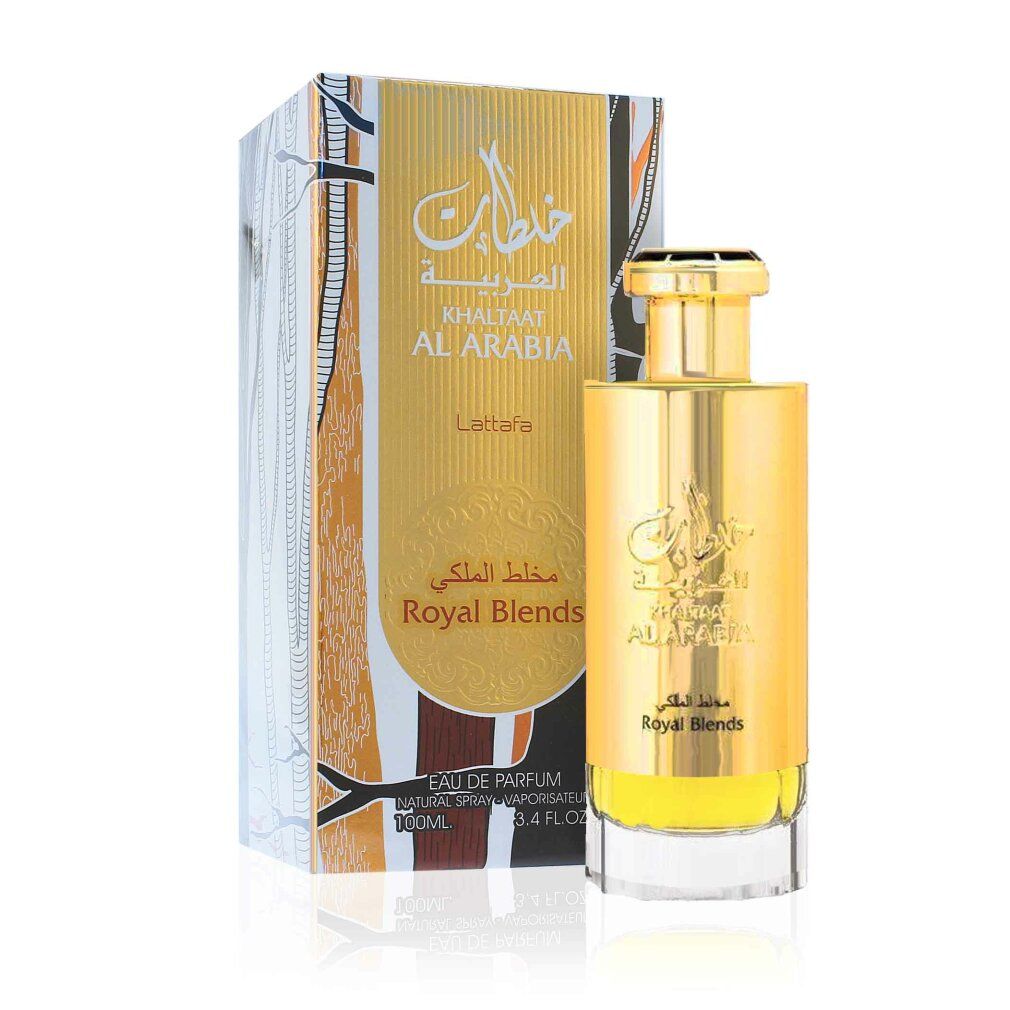 Goldfarbene Parfumflasche und Verpackung. Aufschrift: Khaltaat Al Arabia, Lattafa, Royal Blends. Arabische Schrift.