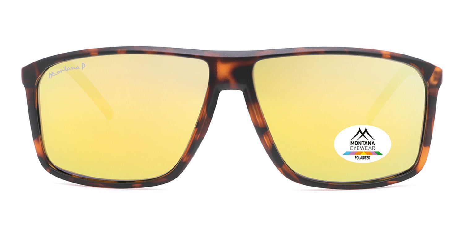 Sonnenbrille mit braunem Rahmen und gelben Gläsern. Auf einem Glas befindet sich ein Aufkleber mit Logo und Aufschrift 'POLARIZED'.