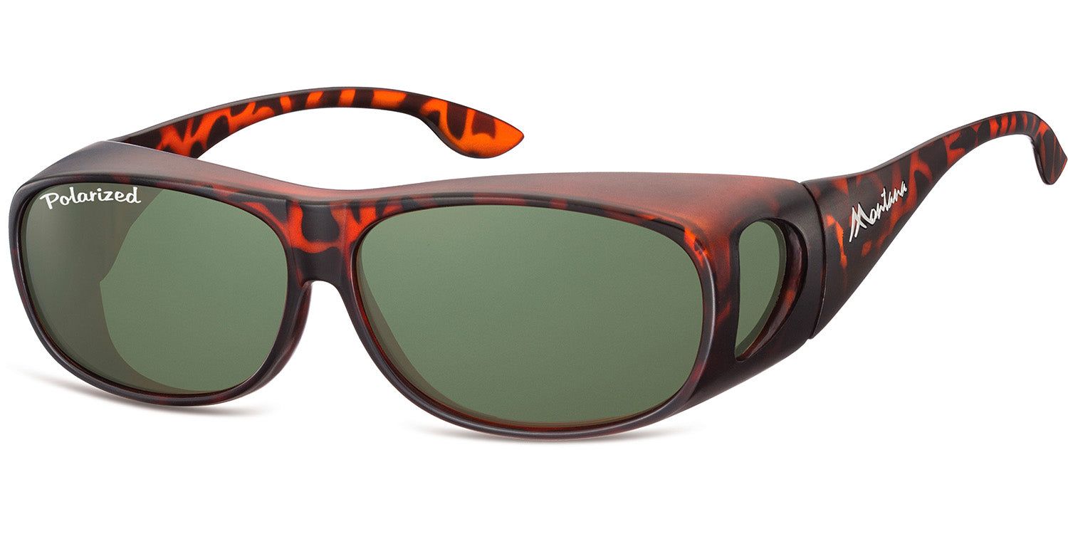 Sonnen-Überbrille mit braunem Gestell und grünen Gläsern. Auf dem Bügel steht 'Montana'.