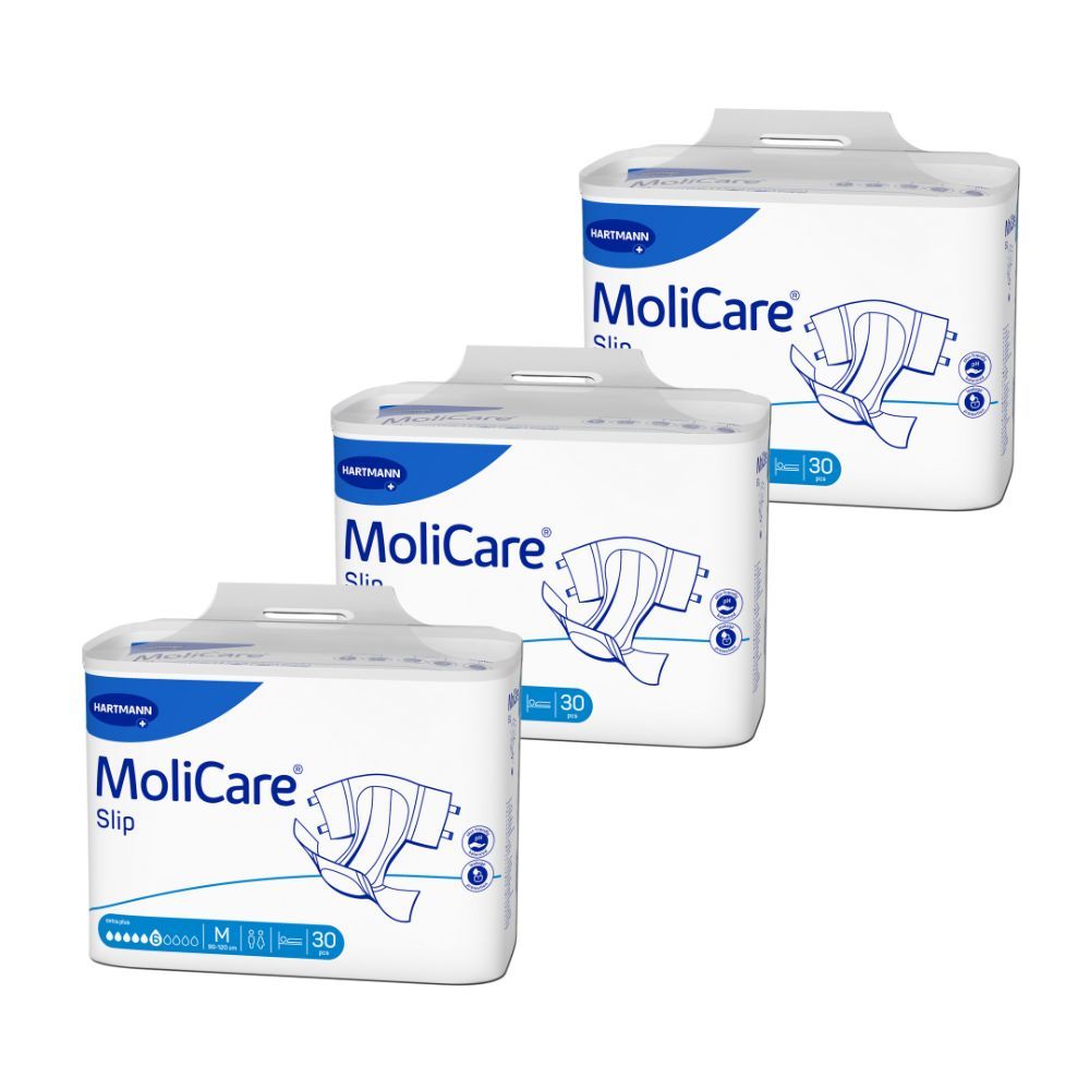 Drei Packungen MoliCare Slip. Weiße Verpackung mit blauer Schrift. Darstellung eines Inkontinenzprodukts. 30 Stück pro Packung.