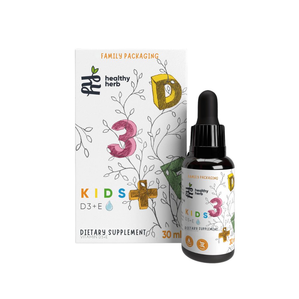 Braune Flasche mit Tropfer und Verpackung. Aufschrift: KIDS D3+E, Healthy Herb, Nahrungsergänzungsmittel.