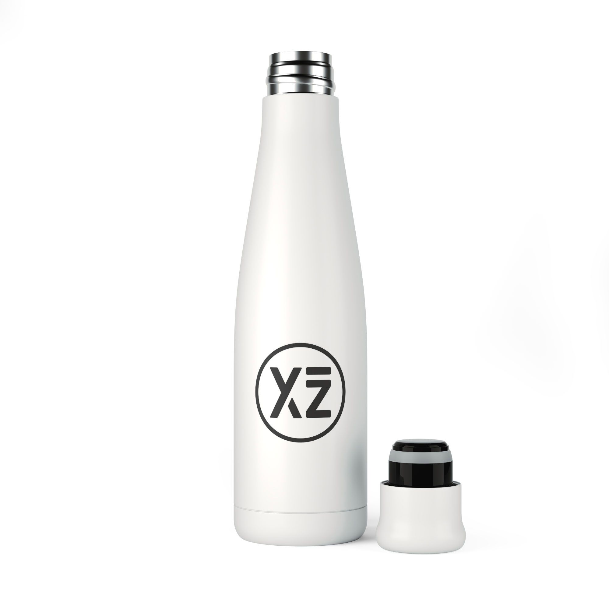 Weiße Isolierflasche mit Logo. Deckel daneben.