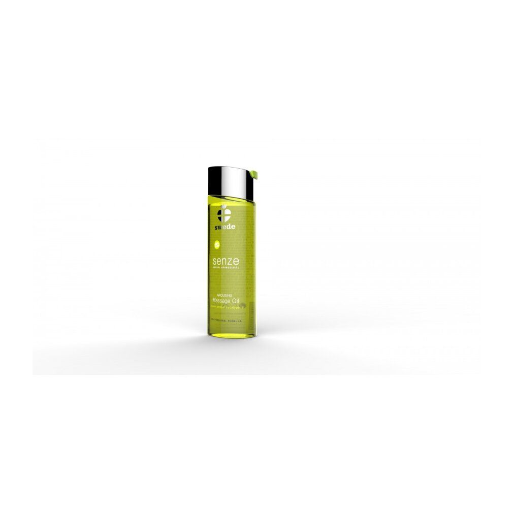 Grüne Glasflasche mit silbernem Deckel. Aufschrift: swede, senze, Massage Oil. Enthält Lemon Pepper Eucalyptus.