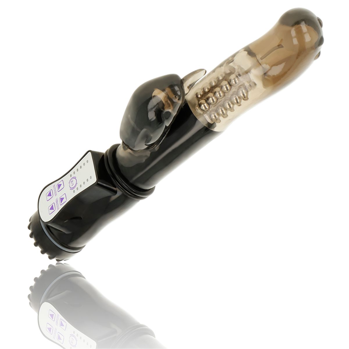 Schwarzer Vibrator mit transparentem Kopf und Bedienfeld. Mit rotierenden und vibrierenden Elementen. Ohmama.