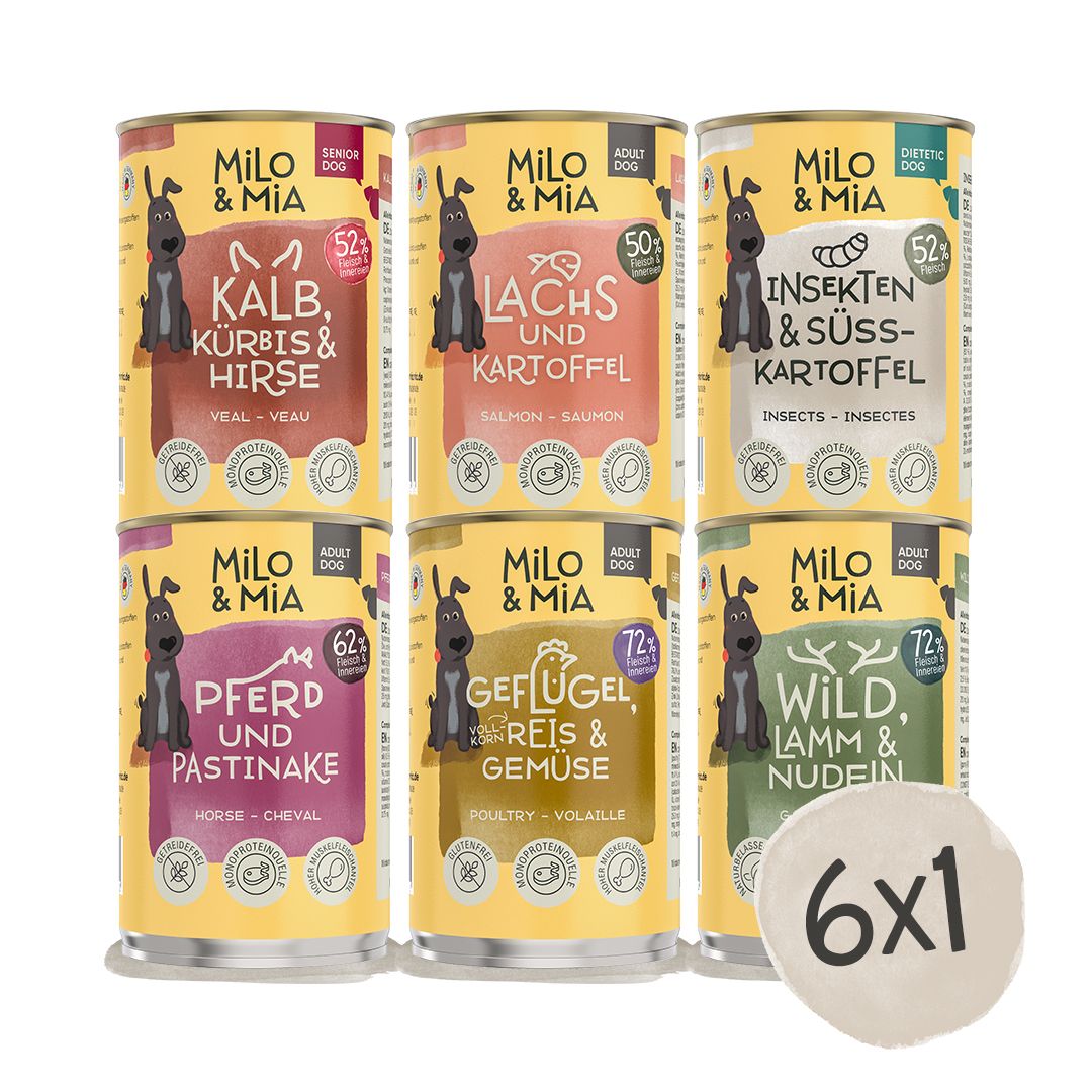Sechs Dosen Milo & Mia Hundefutter, verschiedene Sorten. Aufschrift: Kalb, Lachs, Insekten, Pferd, Geflügel, Wild. 6x1 Packung.