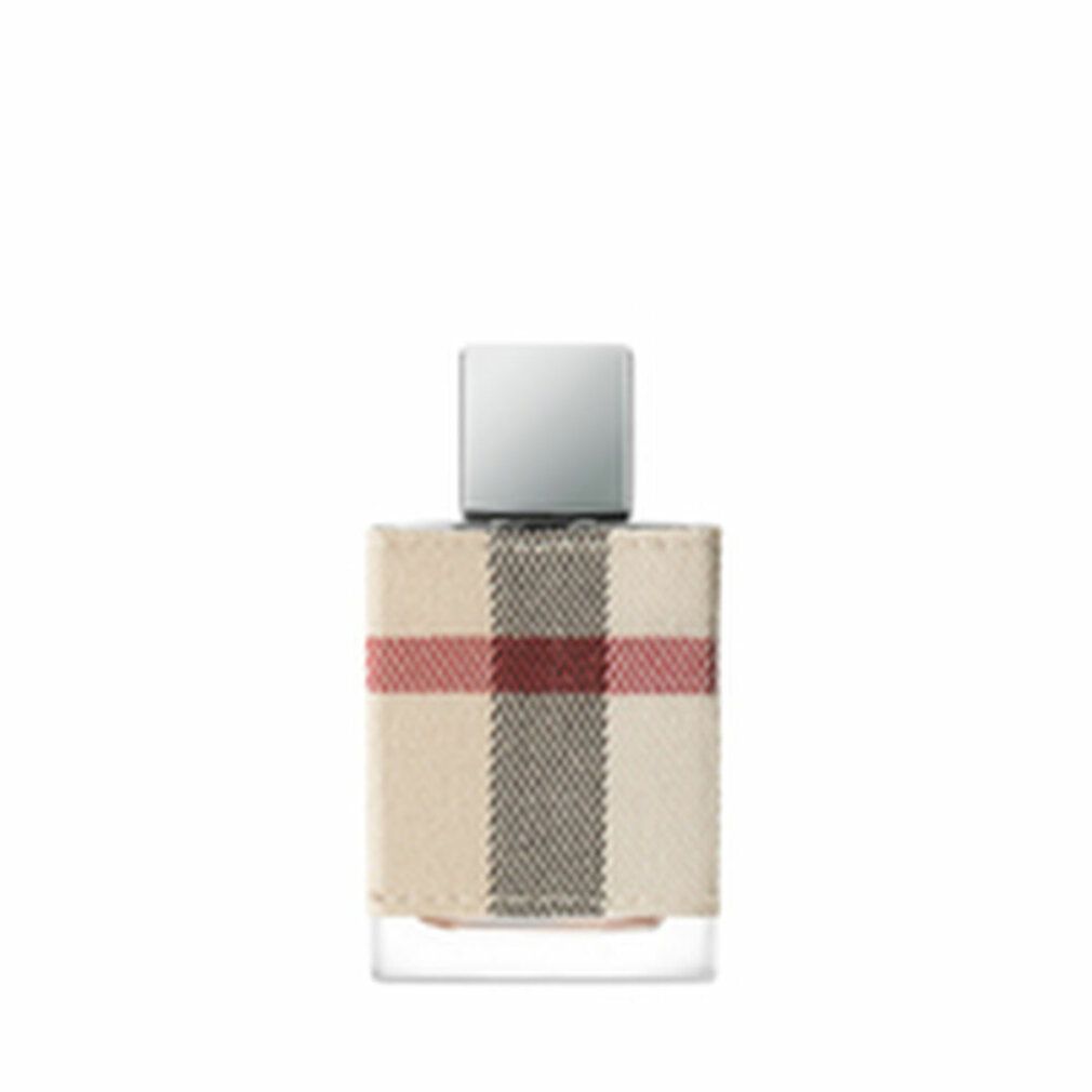 Burberry London for Her Eau de Parfum Spray Flakon. Rechteckige Form, Karomuster. Silberner Verschluss. Glasflakon.