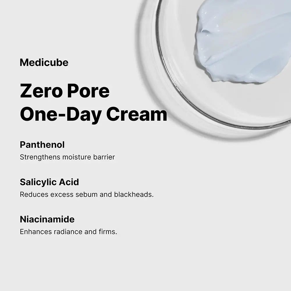 Text mit Produktinformationen. Aufschrift: medicube, Zero Pore One-Day Cream. Inhaltsstoffe: Panthenol, Salicylsäure, Niacinamid.