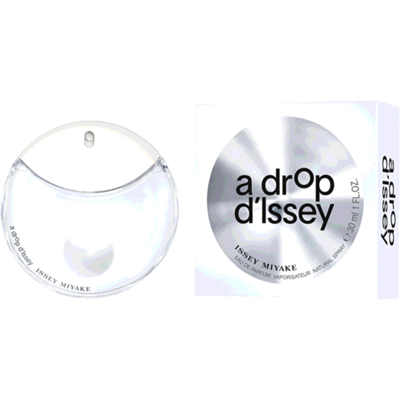 Runder Flakon und Verpackung. Aufschrift: a drop d'Issey, Issey Miyake. Flakon transparent, Verpackung weiß mit silbernem Kreis.